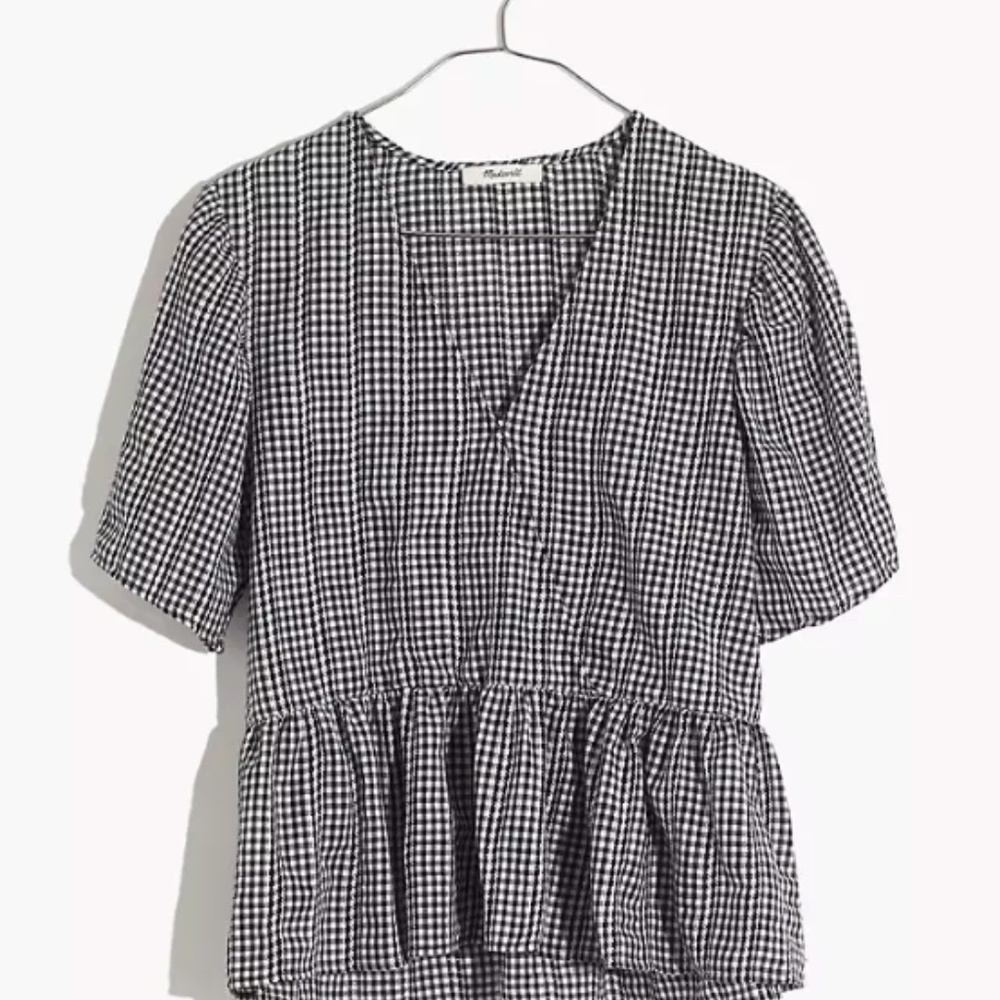 Crossover Peplum Top in Textured Gingham Check